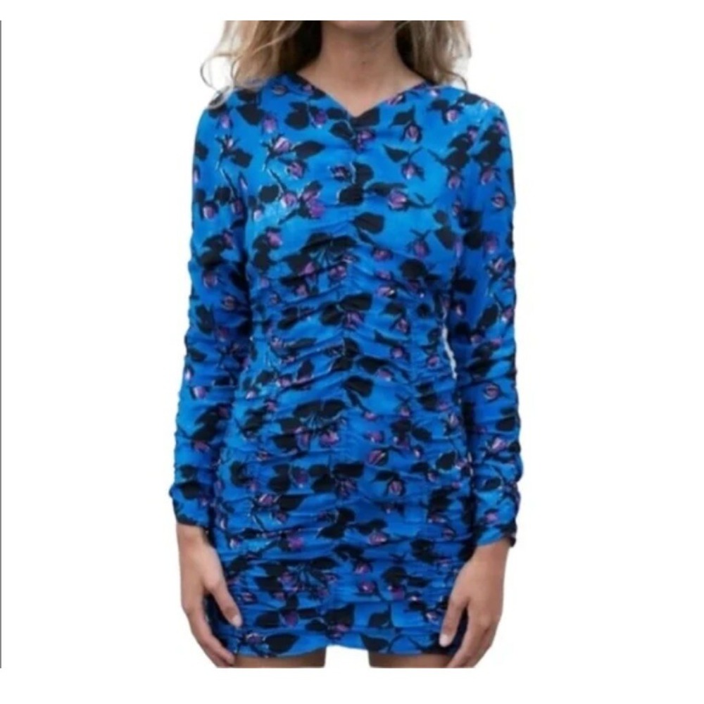 New ZARA Draped Blue Floral Print Ruched Long Sleeve Mini Dress Size‎ Small